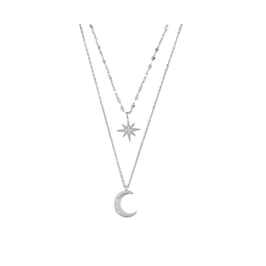 Simple Silver Double Moon Pendant Necklace - Pexav