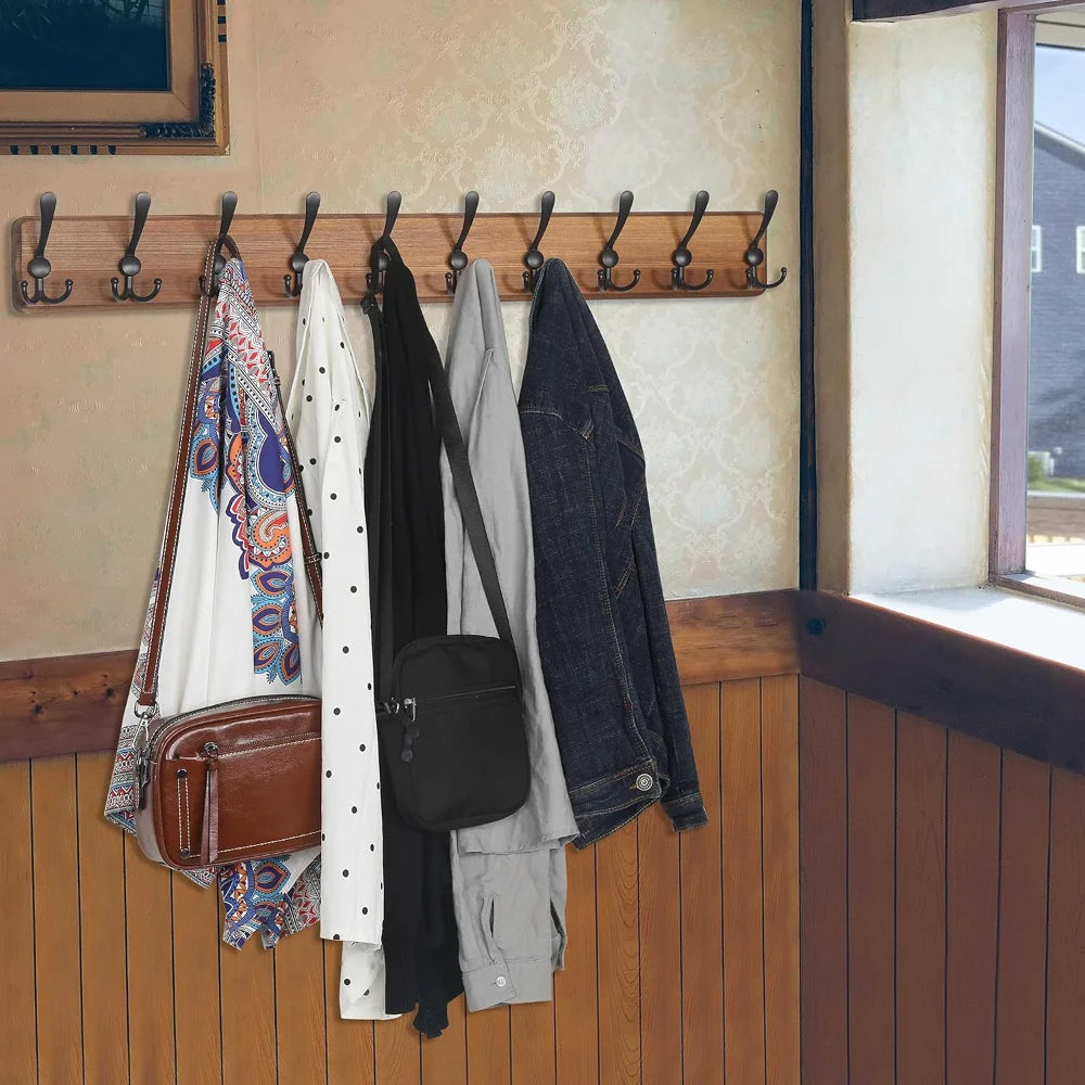 Space-Saving Wooden Coat Hook Rack with 10 Hooks - Pexav