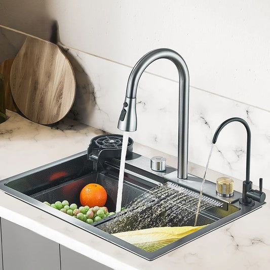 Modern Brushed Steel Kitchen Sink Faucet Waterfall Filter - Pexav