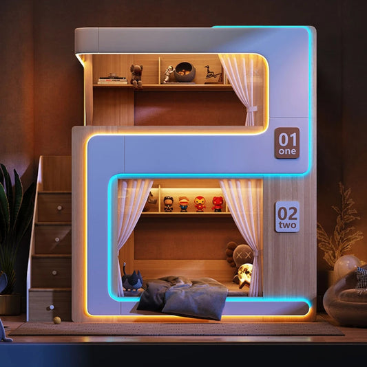 Stylish Kids Wood Bunk Bed with LED Lights - Pexav
