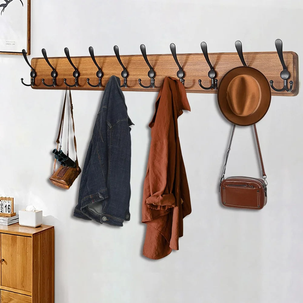 Space-Saving Wooden Coat Hook Rack with 10 Hooks