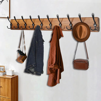 Space-Saving Wooden Coat Hook Rack with 10 Hooks