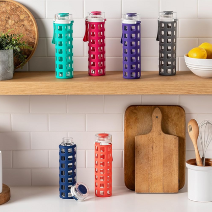 Durable Glass Water Bottle with One-Touch Flip Lid-Blue-Nora Luxe