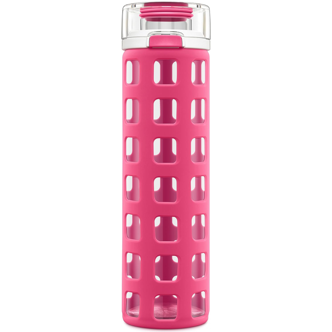 Durable Glass Water Bottle with One-Touch Flip Lid-Pink-Nora Luxe