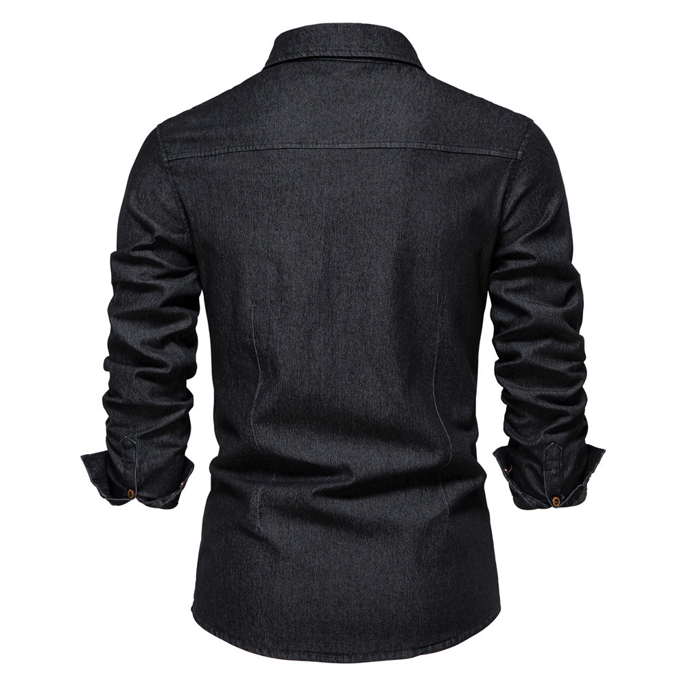 Elastic Cotton Denim Shirt - Logan-Black-S-Nora Luxe