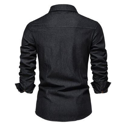 Elastic Cotton Denim Shirt - Logan-Black-S-Nora Luxe