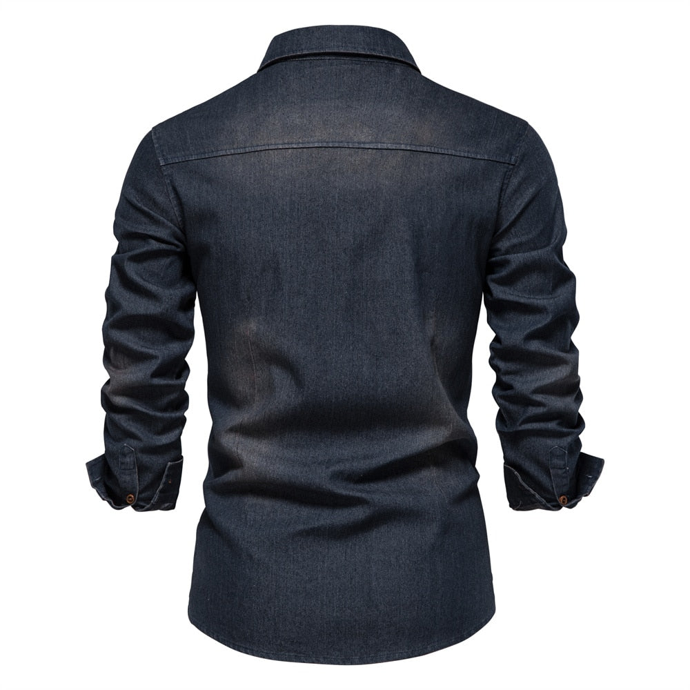 Elastic Cotton Denim Shirt - Logan-Black-S-Nora Luxe