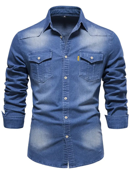 Elastic Cotton Denim Shirt - Logan-Blue-S-Nora Luxe