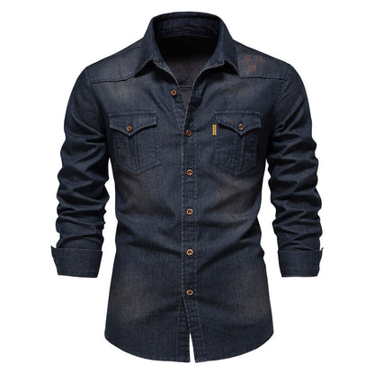 Elastic Cotton Denim Shirt - Logan-Marine Blue-S-Nora Luxe