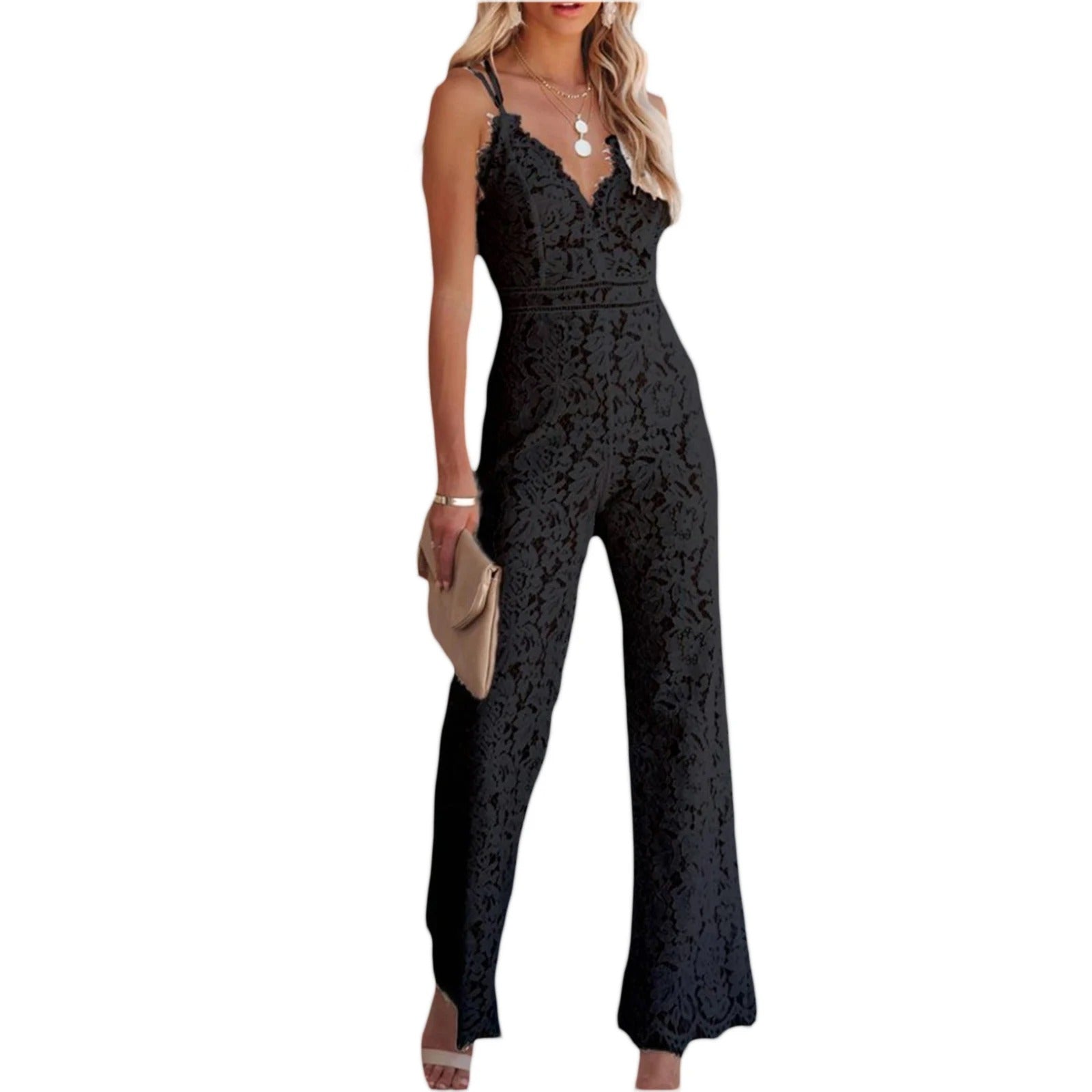 Fit and Flare Women's Jumpsuit with Floral Lace Detail - Pexav