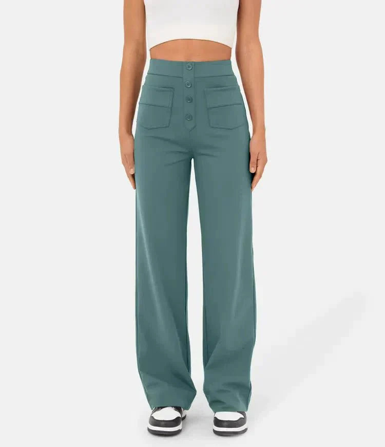 Flexible High-Waisted Trousers - Luna-Stone Green-S (36)-Nora Luxe