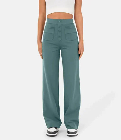 Flexible High-Waisted Trousers - Luna-Stone Green-S (36)-Nora Luxe