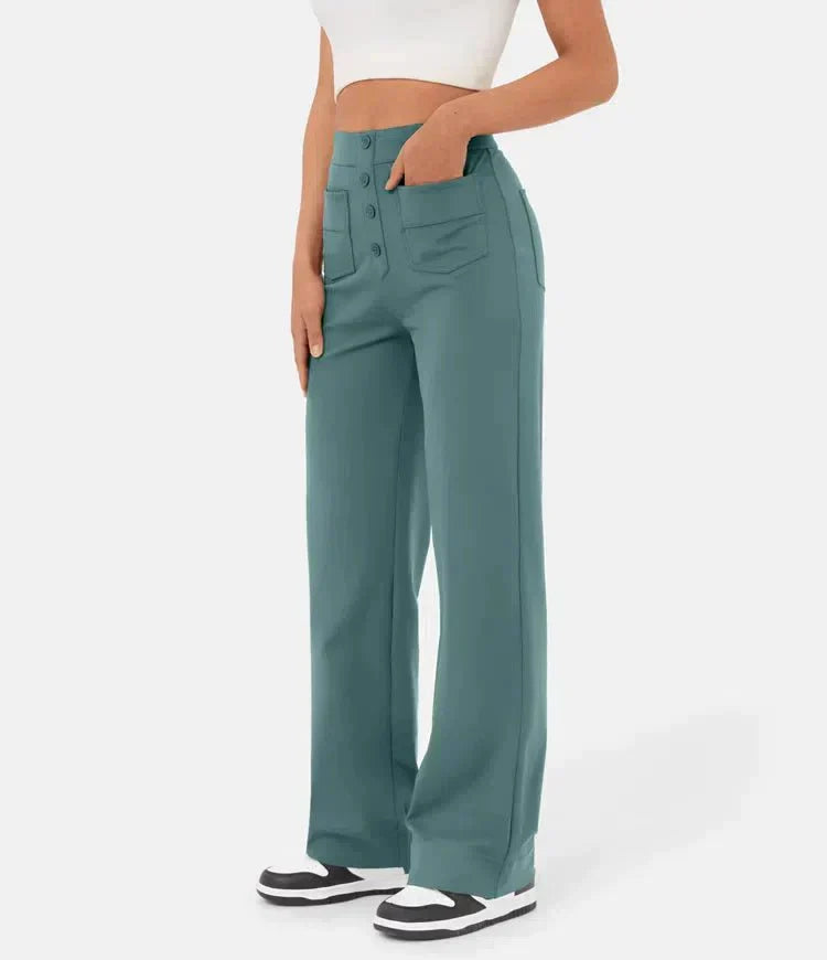 Flexible High-Waisted Trousers - Luna-Stone Green-S (36)-Nora Luxe