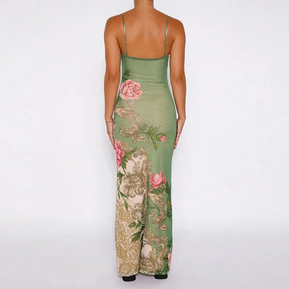 Floral summer maxi dress with V-neck and spaghetti straps - Alina-Blue-S-The Livary