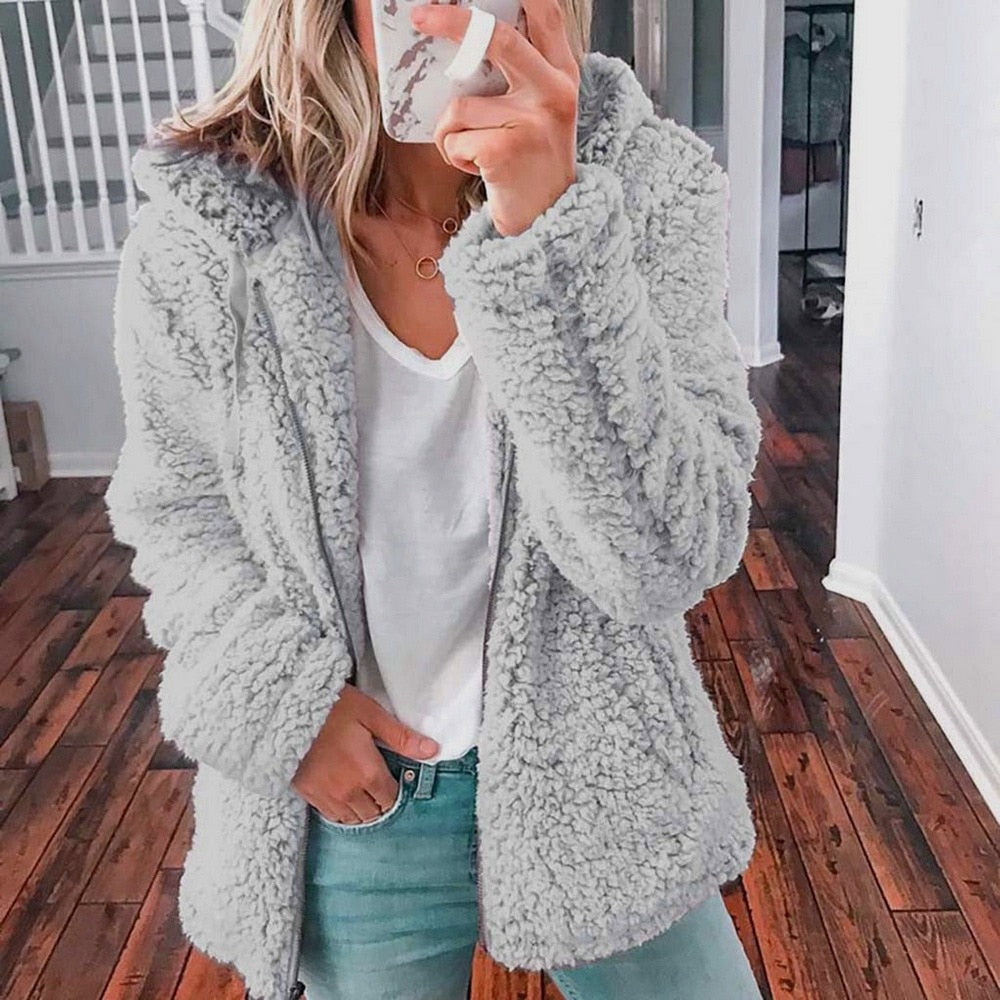 Fluffy Ladies' Jacket with Hood - Sofia-Light Gray-S-Nora Luxe
