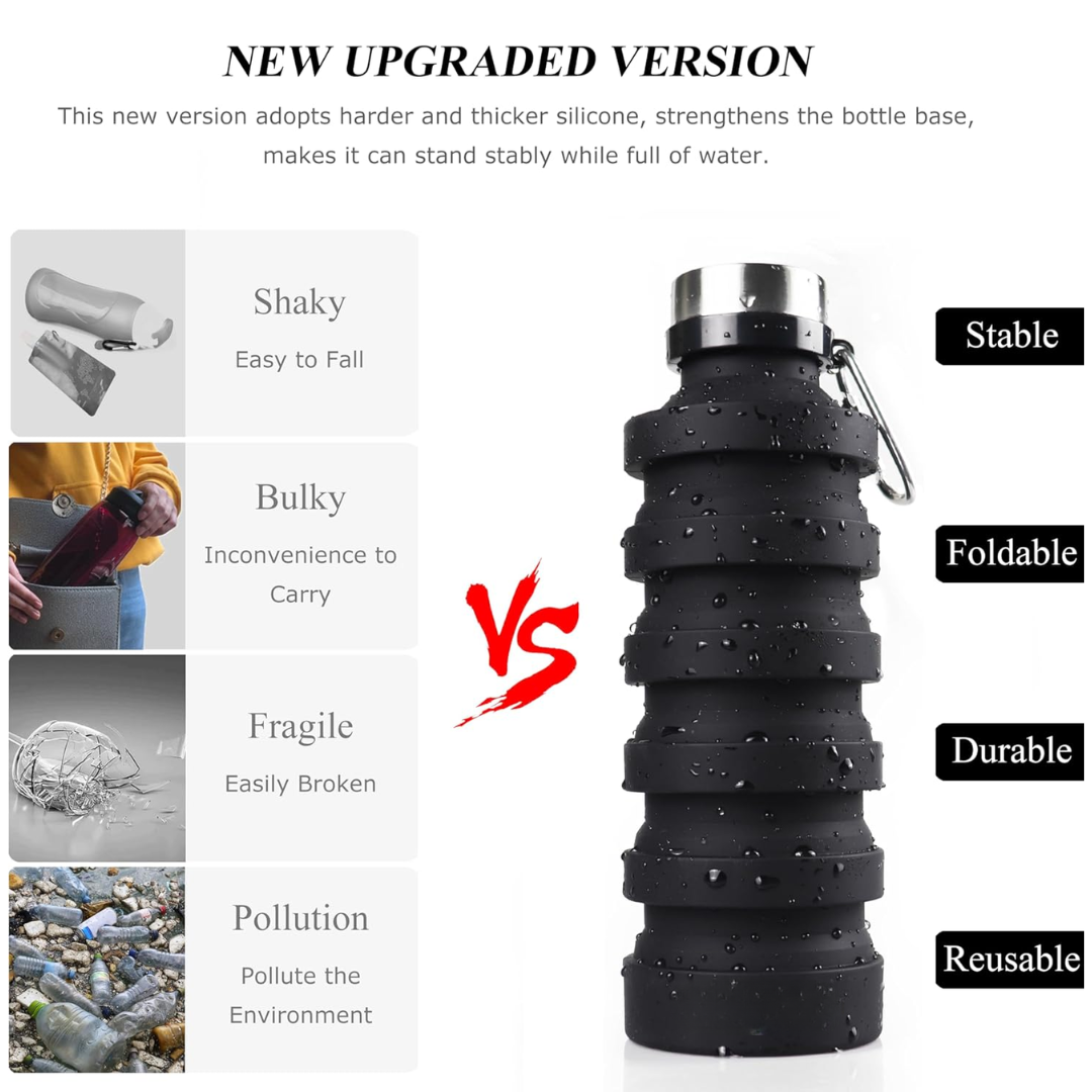 Foldable Shockproof Water Bottle-Black 500 ml-Nora Luxe