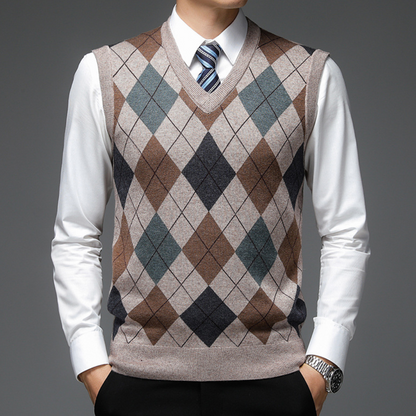 Gentlemen's Spencer with Stylish Argyle Pattern - Felix-Khaki-S-Nora Luxe