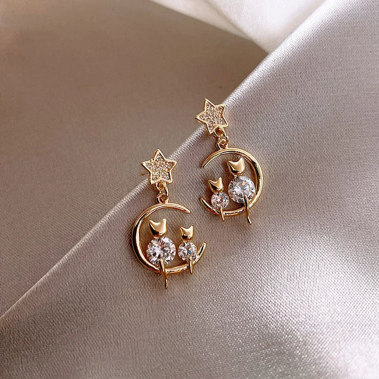 Gold Cat Ear Earrings with Zirconia - Feline-Nora Luxe