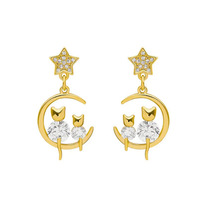 Sparkly Kitty Ear Stud Earrings with Gems - Pexav