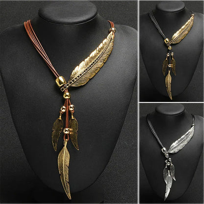 Gold Feather Necklace | Boho Style Jewellery-GOLD-BROWN-Nora Luxe