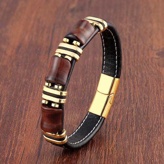 Brown Genuine Leather Gemstone Bracelet - Pexav