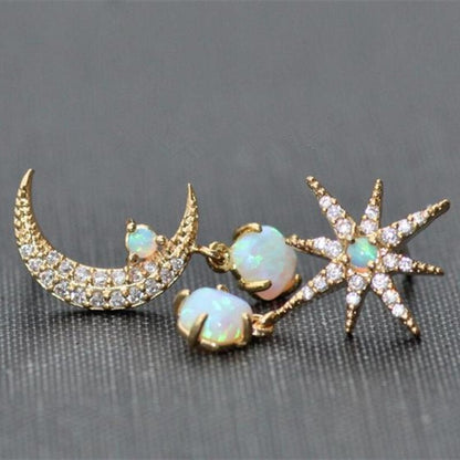 Golden Moon and Star Earrings with Opal - Aurora-Nora Luxe