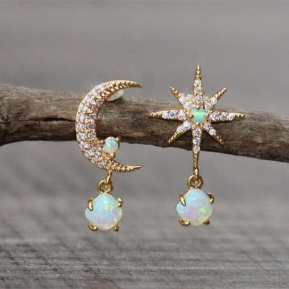 Shining Moon and Star Opal Drop Earrings - Pexav