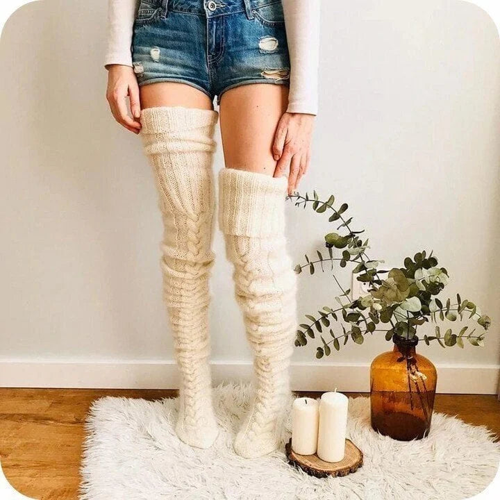 High Knitted Wool Ladies Socks - WarmWool-Gray-Nora Luxe