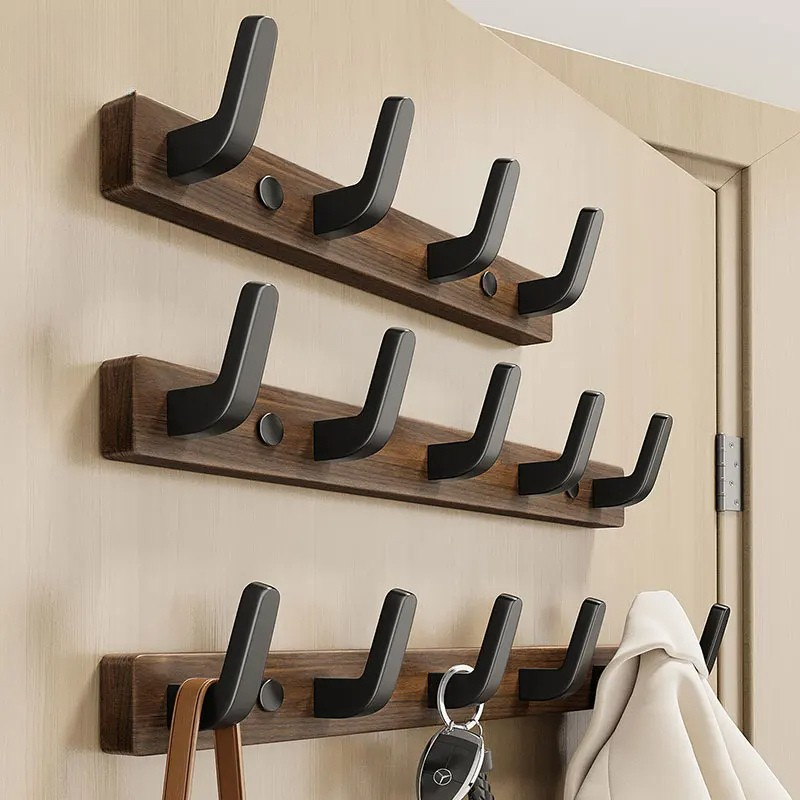 Simple Wooden Wall Coat Rack with Metal Hooks - Pexav