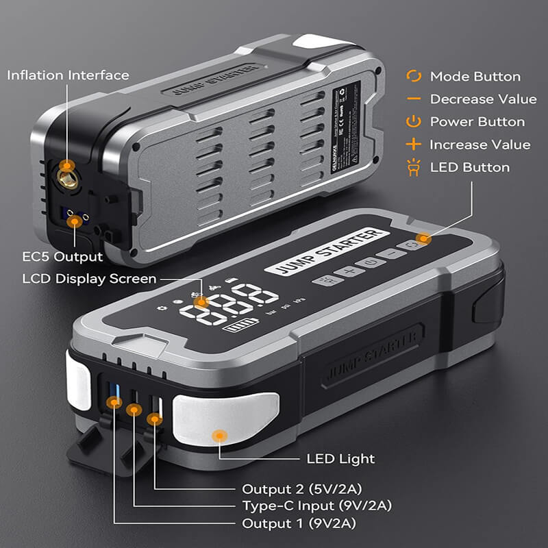 Compact 4-in-1 Car Jump Starter with Air Compressor