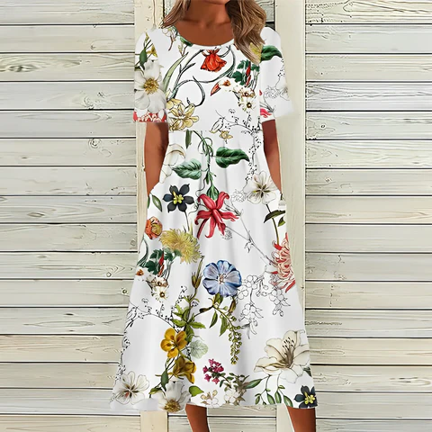 Beautiful Floral Print White Dress - Pexav
