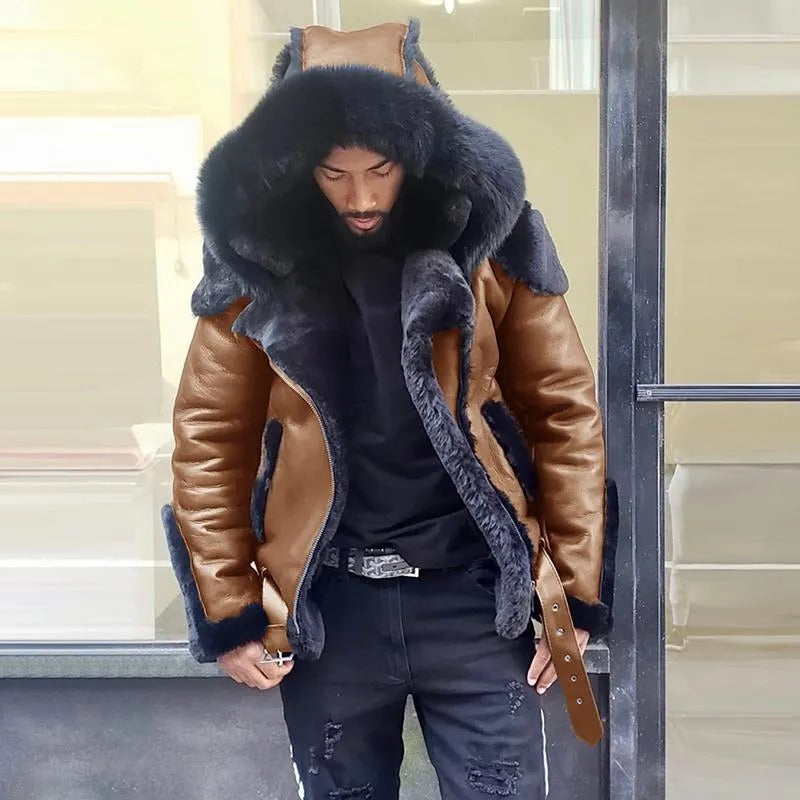 Warm Faux Leather Biker Jacket Men Winter Coat