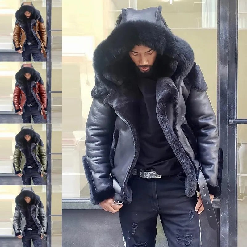 Warm Faux Leather Biker Jacket Men Winter Coat