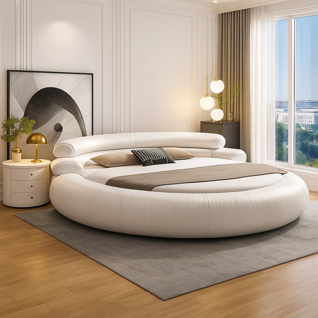 Classic Simple Round Leather Bed Frame - Pexav