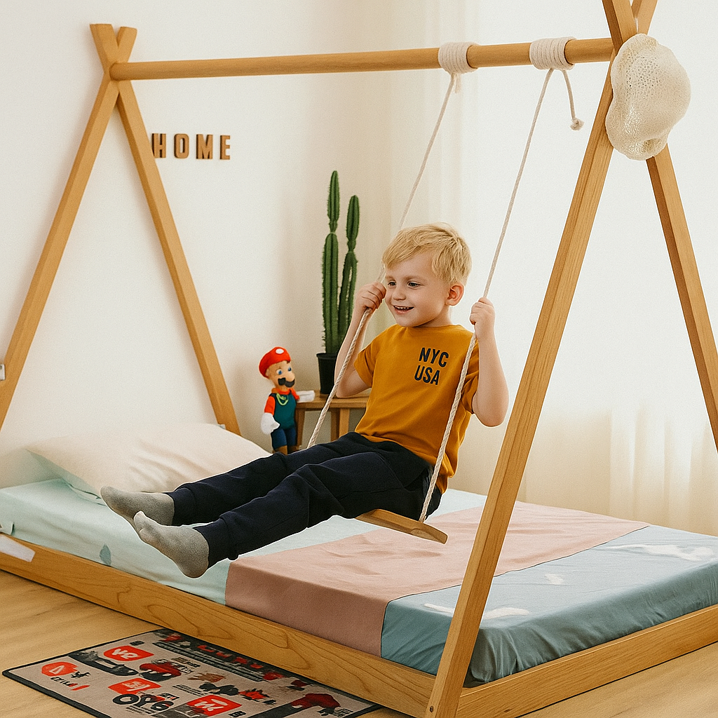 Fun Wooden Kids Swing Set Play Bed - Pexav
