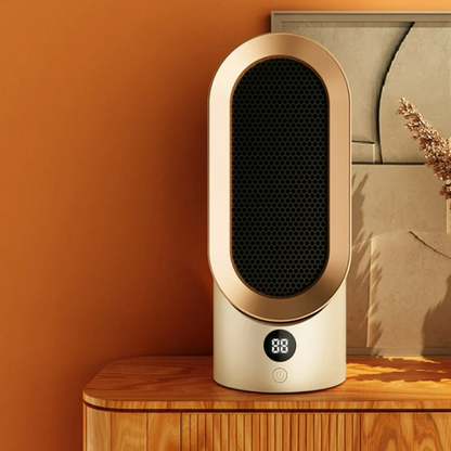 Modern electric heater on a wooden surface with an orange wall background