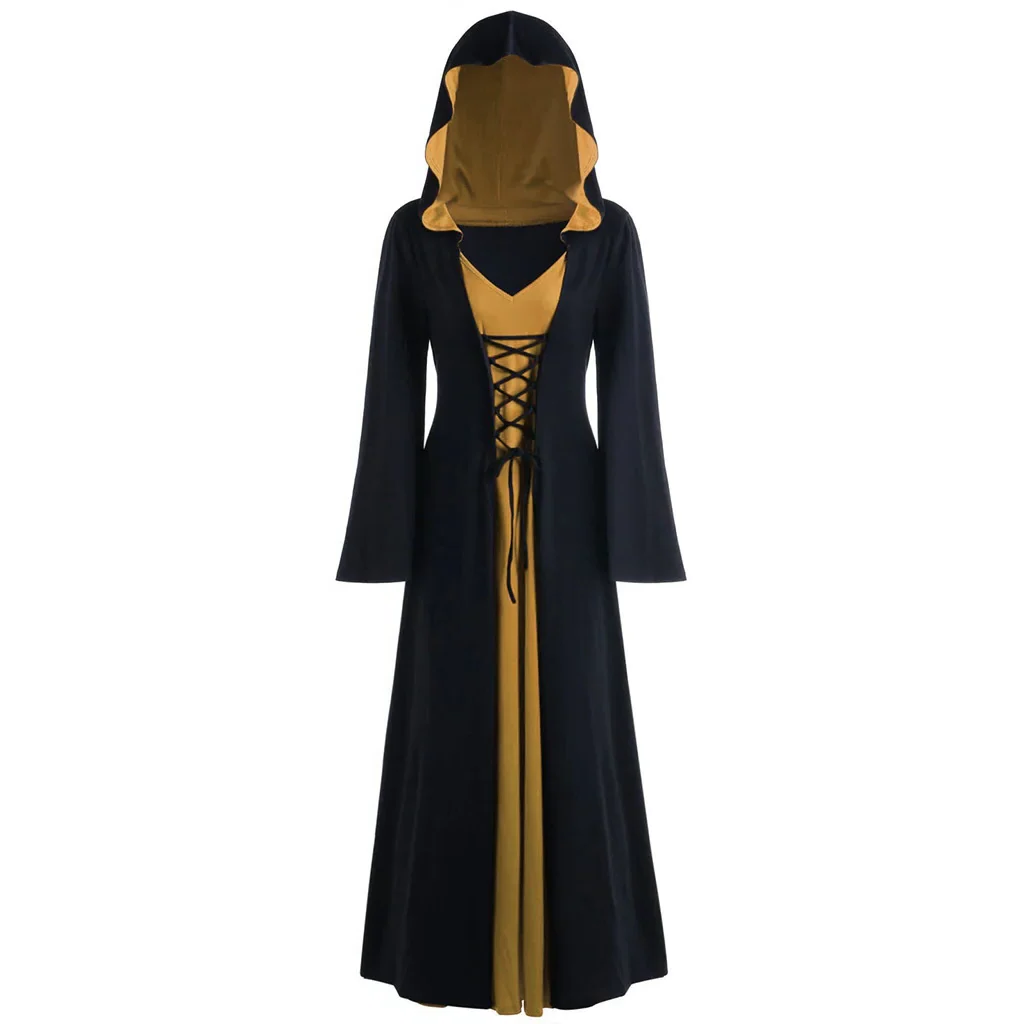 Gothic Witch Costume Dress for Women with Hooded Cape