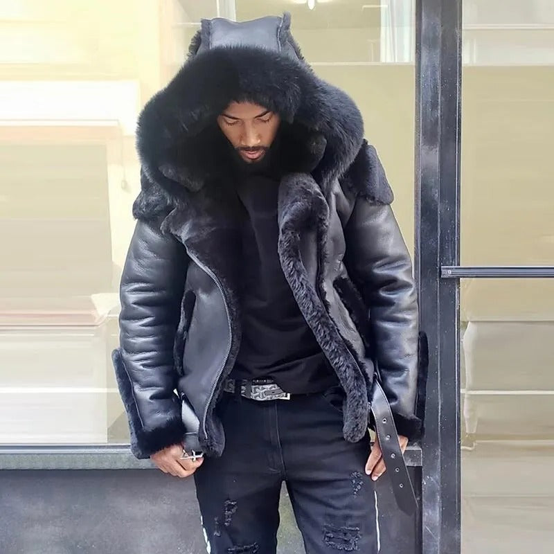 Warm Faux Leather Biker Jacket Men Winter Coat - Pexav