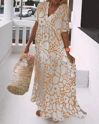 Casual Print Dress with Cap Sleeves - Pexav