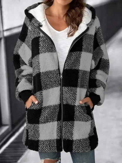 Large Plaid Hooded Coat for Women