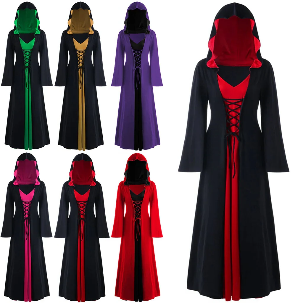 Gothic Witch Costume Dress for Women with Hooded Cape