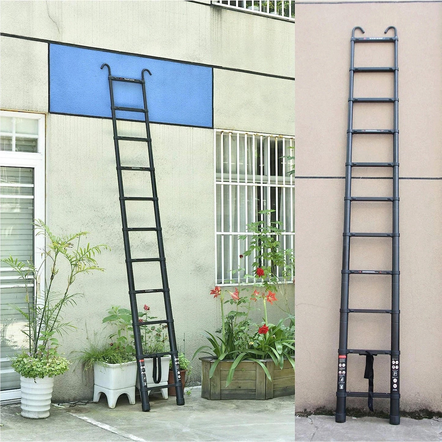 Portable Aluminum Ladder with 2 Roof Hook Attachments