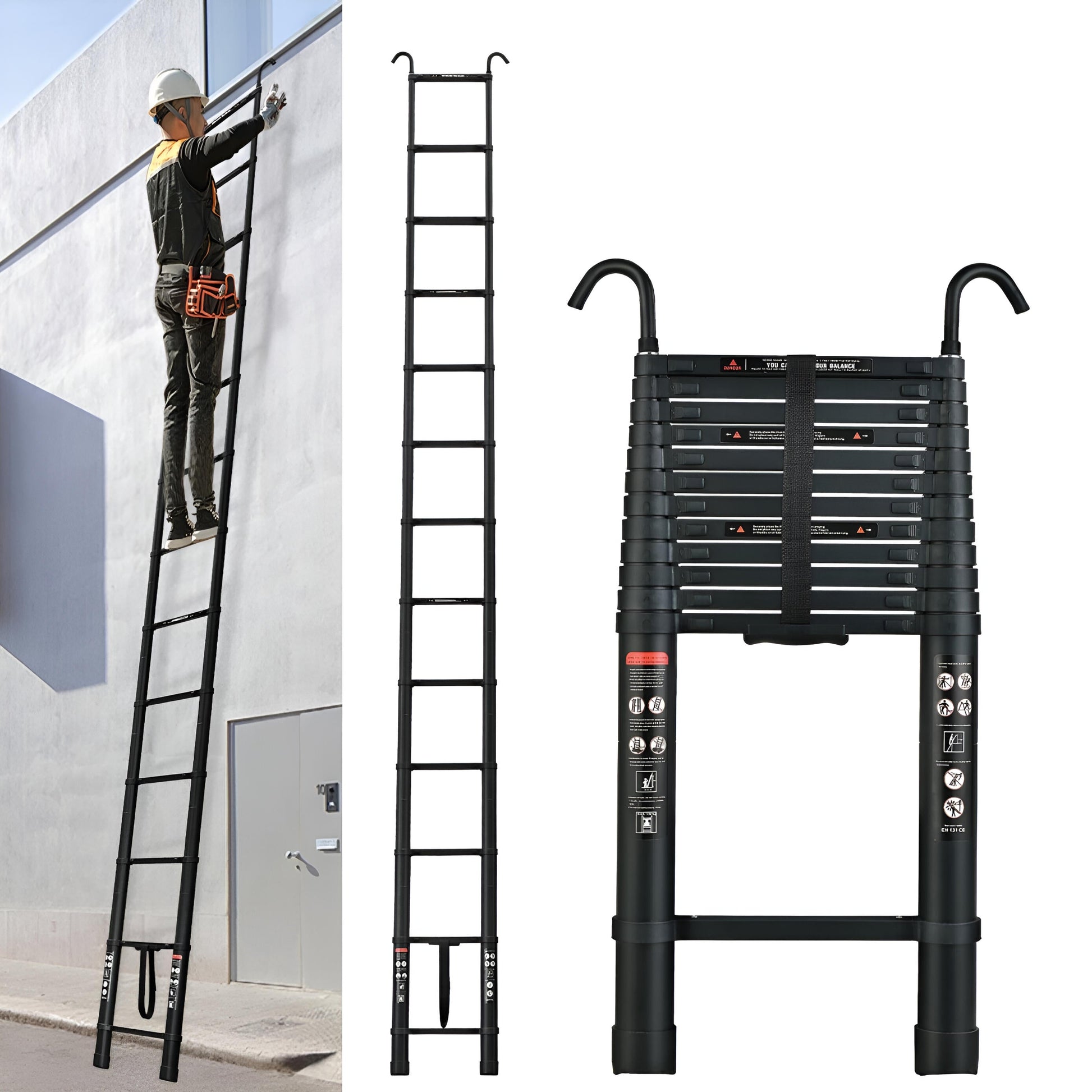 Portable Aluminum Ladder with 2 Roof Hook Attachments - Pexav