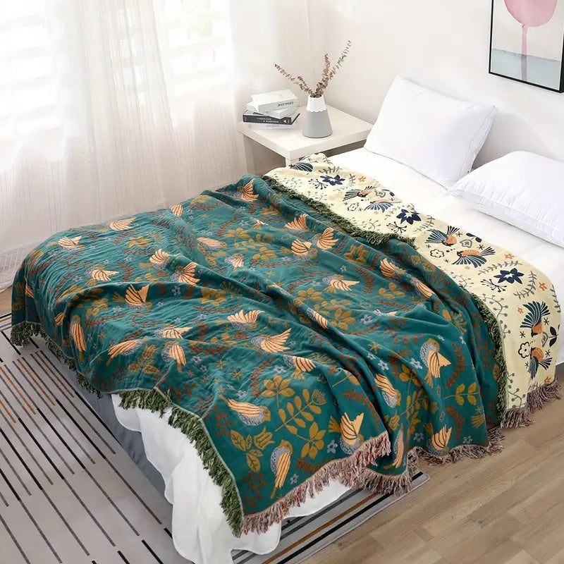 Colorful Floral Pattern Reversible Cotton Blanket