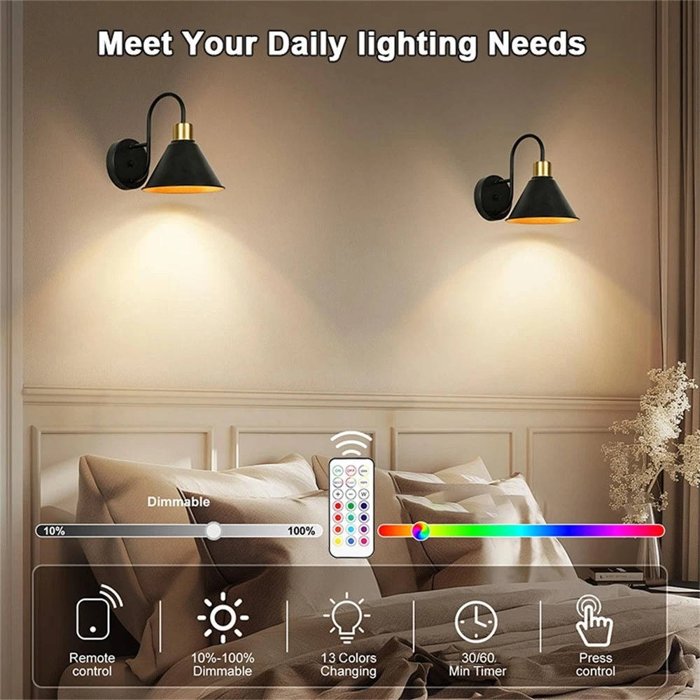 2 Pack Wireless LED Wall Lights with Remote Control