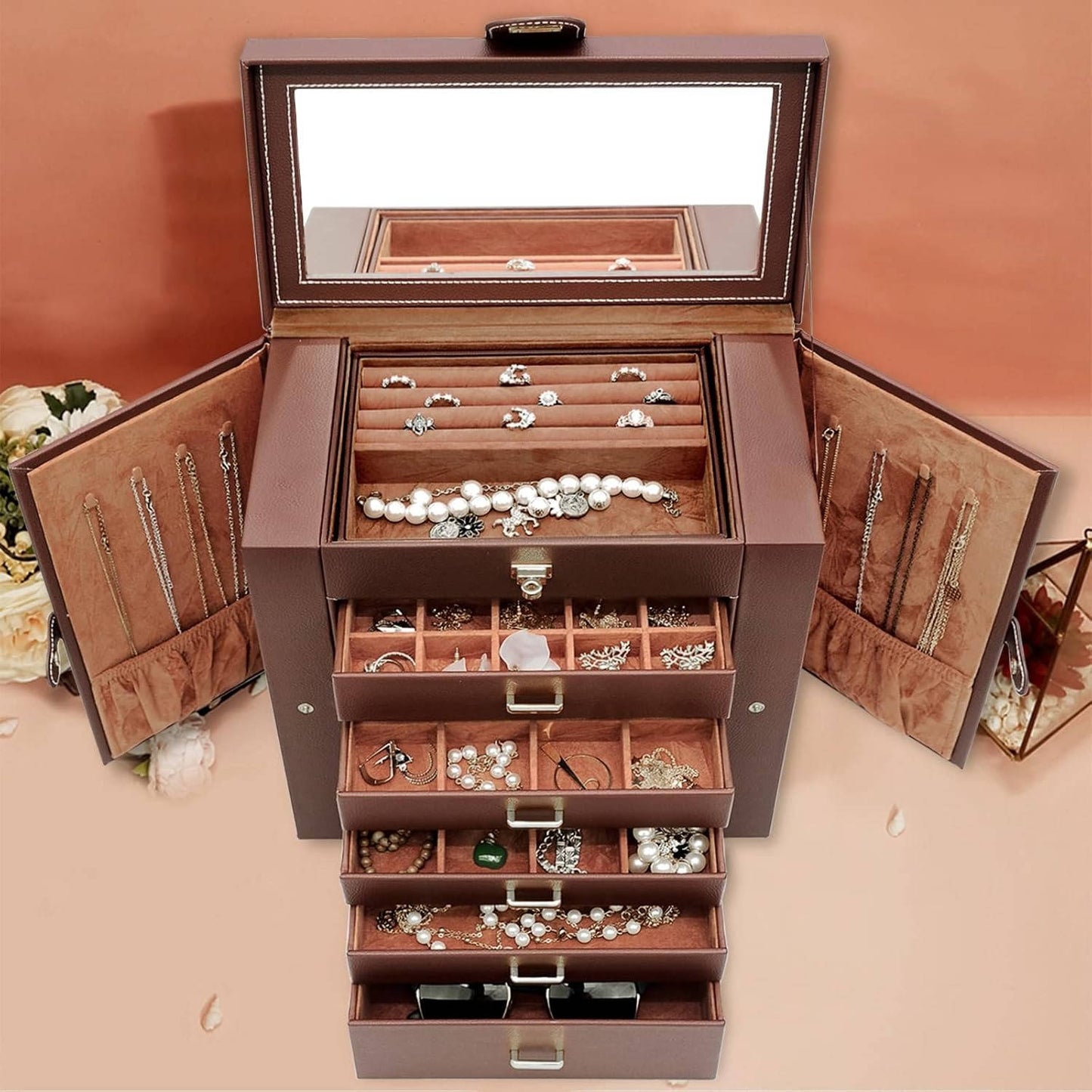 Spacious 6 Drawer Leather Jewellery Case