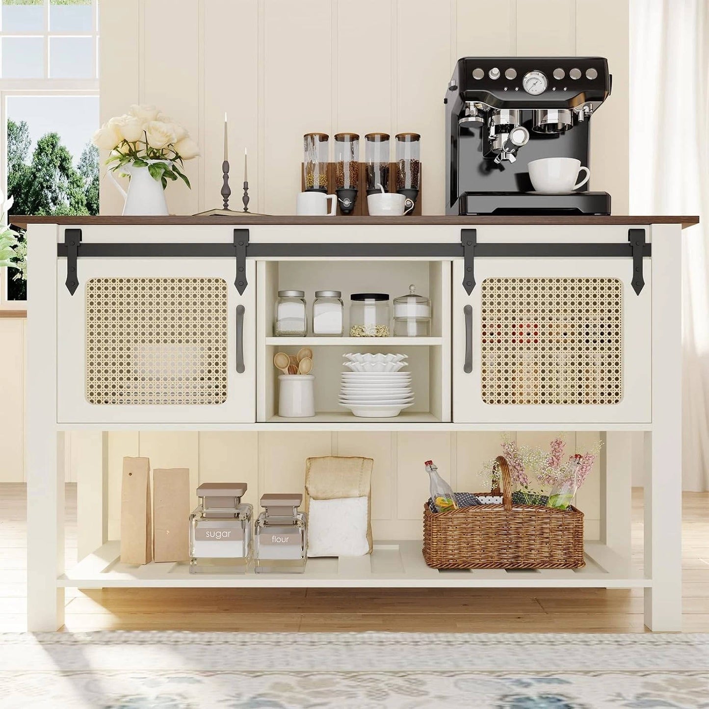 Rustic Kitchen Storage Cabinet with Wooden Sliding Door & Shelves