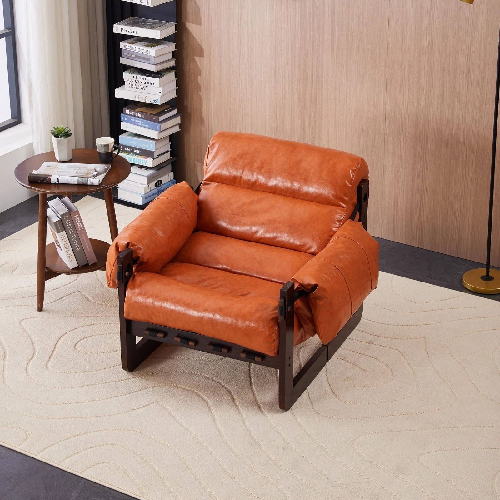 Classic Brown Leather Armchair with Wood Frame - Pexav