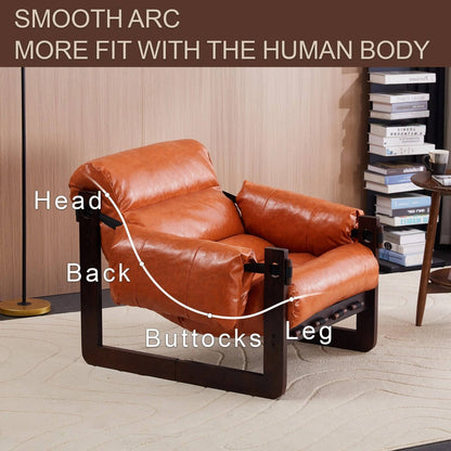 Classic Brown Leather Armchair with Wood Frame