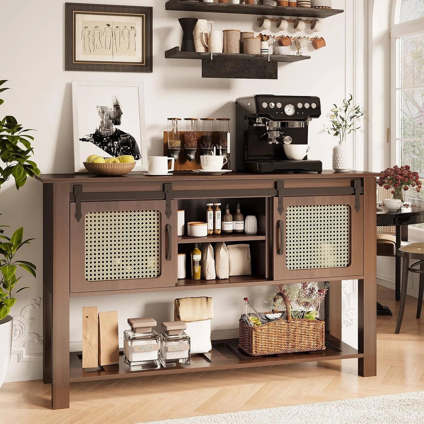 Rustic Kitchen Storage Cabinet with Wooden Sliding Door & Shelves